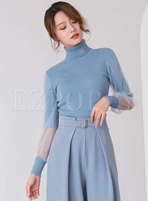 Chic Mesh Splicing High Neck See-through Knitted Sweater