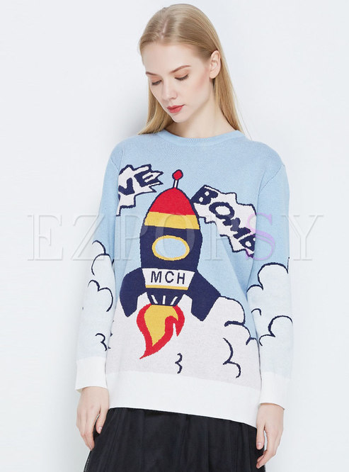 Casual Cartoon Pattern O-neck Knitted Sweater