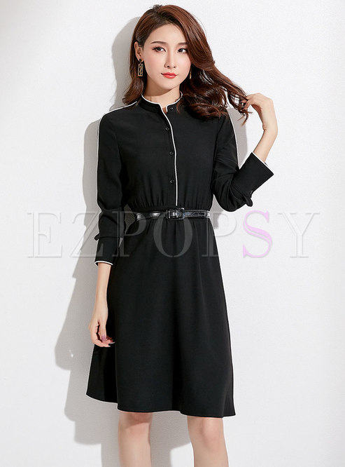 Fashion Black Standing Collar Elegant T-Shirt Dress
