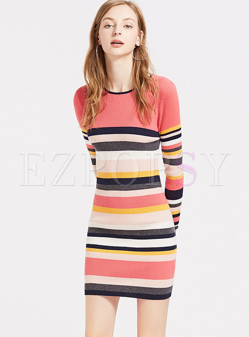 Color-blocked Striped Elastic Sheath Knitted Dress