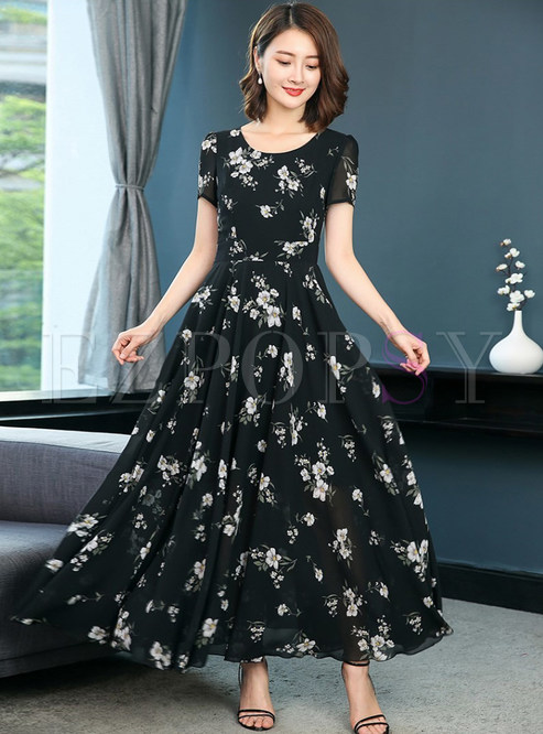Dresses | Maxi Dresses | Black Waist Flower Print Maxi Dress