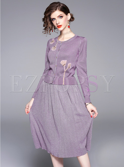 Single-breasted Embroidered Knitted Top & High Waist Pleated Skirt