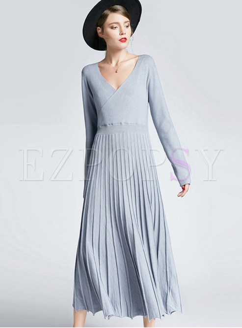 Solid Color Sweet Slim Pleated Knitted Maxi Dress