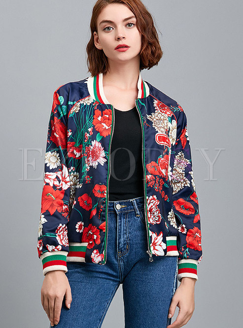 Outwear | Jackets/Coats | Casual Stylish Color-block Print Zippered Coat