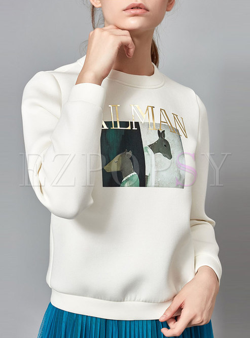 White Casual Long Sleeve Pullover Hoodies With Letter Front