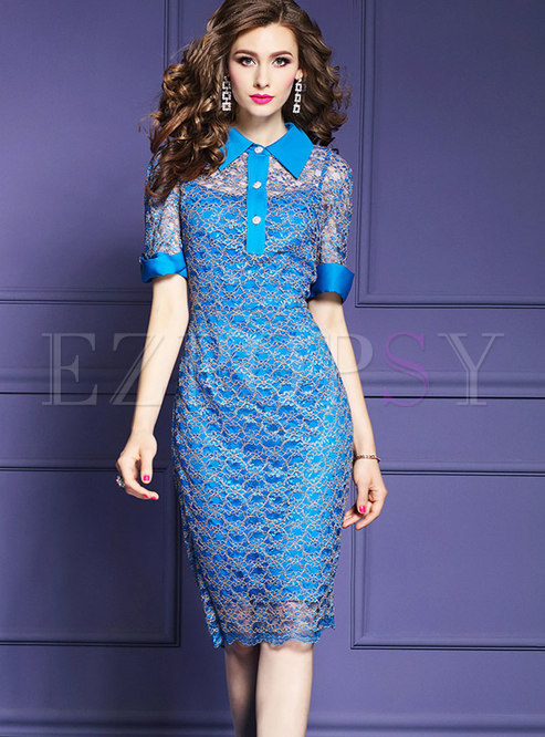 Sexy Blue Mesh Lace Hollow Out Bodycon Dress