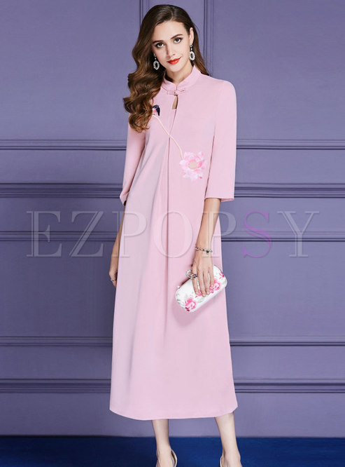 Elegant Pink Mandarin Collar Elastic Waist Maxi Dress