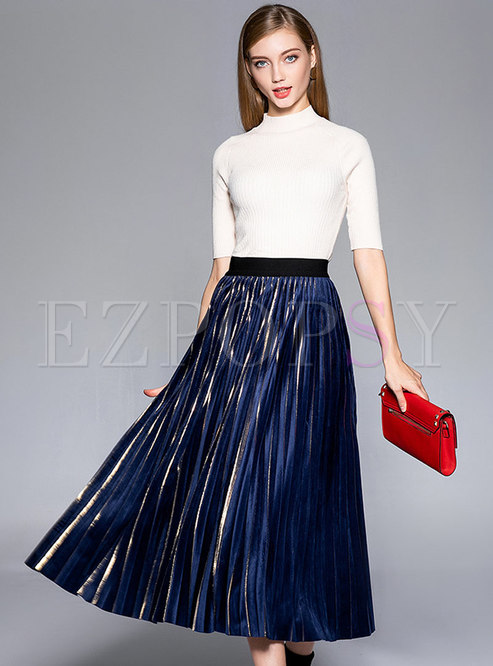 Skirts | Skirts | Stylish Sapphire Blue Velvet All-match Pleated Midi Skirt