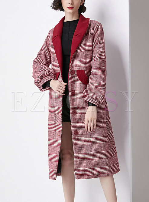 Elegant Grid Lantern Sleeve Single-breasted Woolen Coat