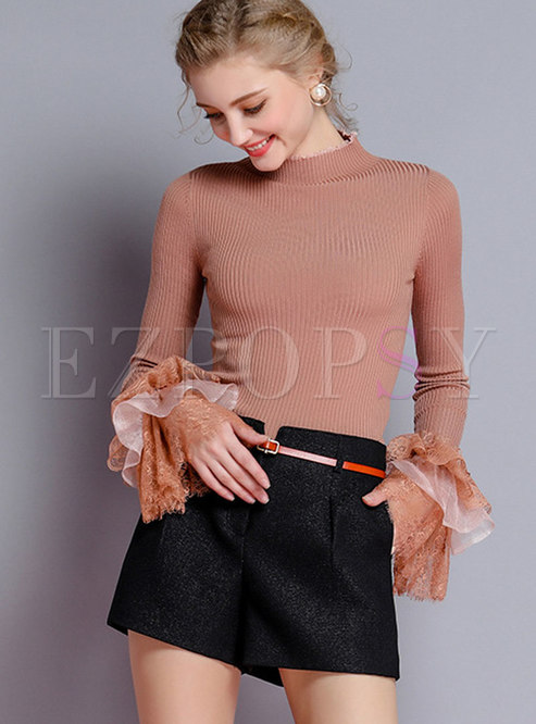 Chic Flare Sleeve Lace Stitching Bottoming Sweater