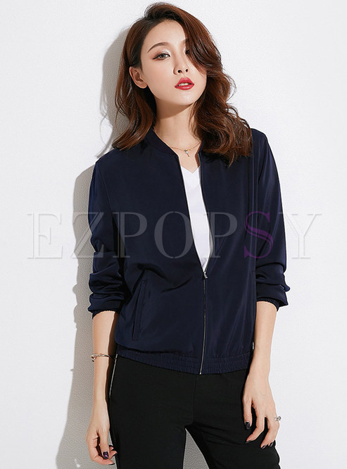Pure Color Stand Collar Zippered Short Coat