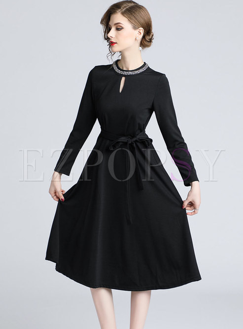 Elegant Stand Collar Keyhole Drilling Skinny Dress