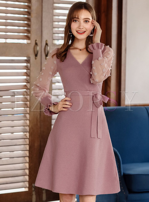 Elegant Splicing V-neck Belted Slim Knitted Dress