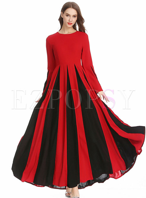 Chic Flare Sleeve Contrast-color Patchwork Maxi Dress