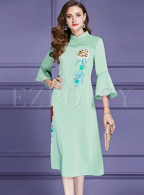 Vintage Flare Sleeve Embroidered Stand Collar Maxi Dress