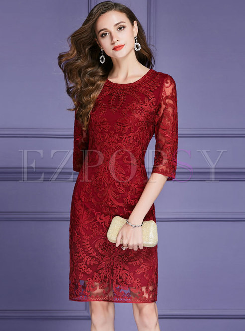Pure Color Embroidered Three Quarters Sleeve Bodycon Dress