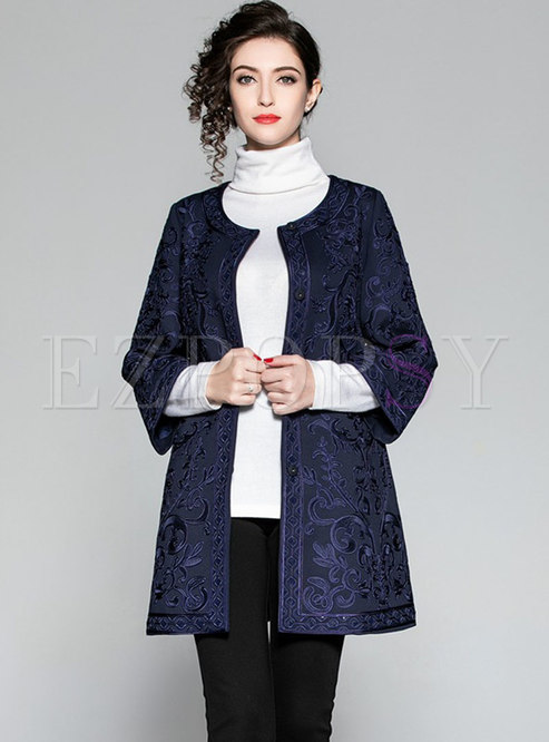 Fashionable Solid Color Embroidered Print Elegant Coat