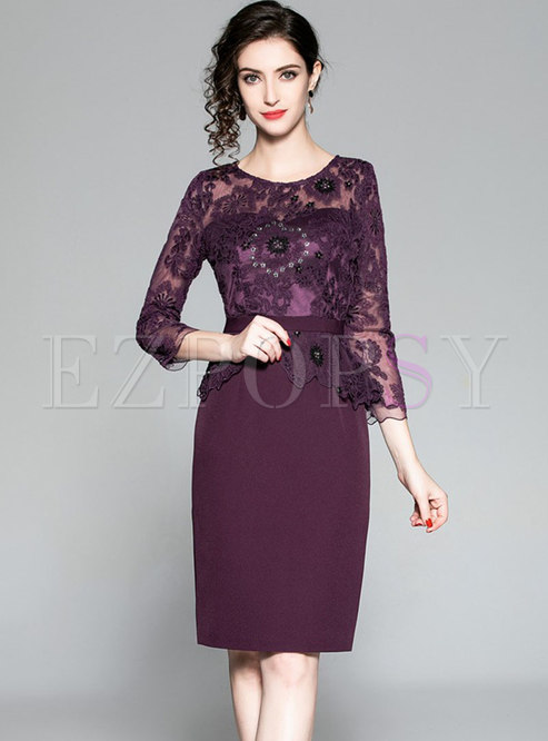 OL Purple Lace Patchwork Embroidery Gathered Waist Dress