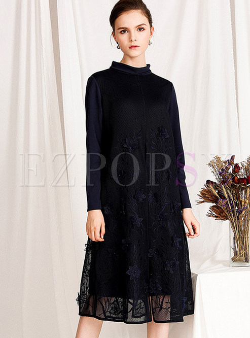 Plus Size Long Sleeve Embroidered Shift Dress