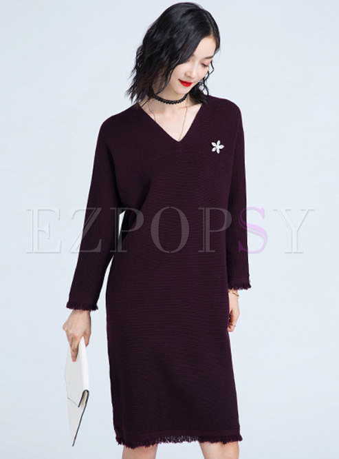 Casual Pure Color V-neck Tassel Loose Knitted Dress
