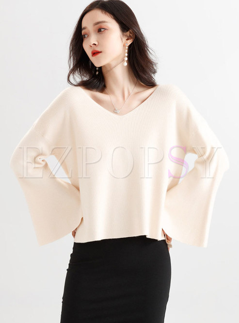 Stylish V-neck Flare Sleeve Side-slit Loose Sweater