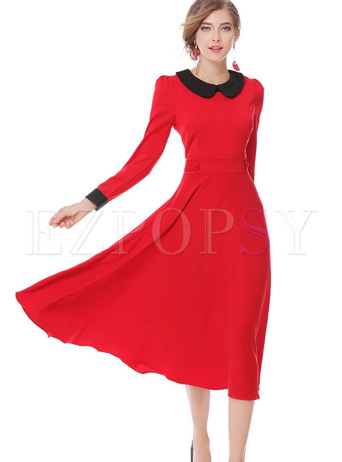 Elegant Red Contrast-collar Stitching Big Hem Dress