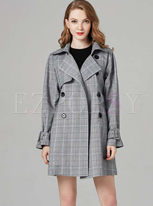 Elegant Grid Turn Down Collar Belted Trench Coat