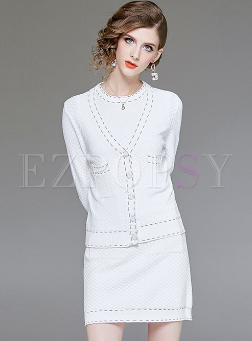 Solid Color Long Sleeve Knitted Two Piece Outfits
