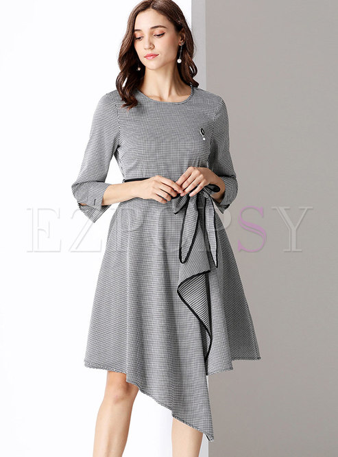 Elegant Plaid Hit Color Bowknot Asymmetric Midi Dress