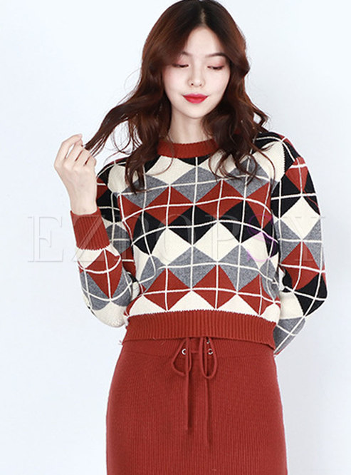 Color-blocked Grid O-neck Knitted Sweater