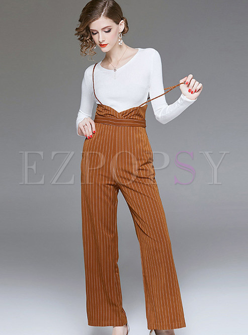 Pullover Slim Bottoming Top & Striped Sling Wide Leg Pants