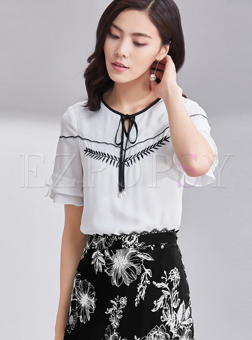 Casual Chiffon Embroidery Petal Sleeve Tied Top