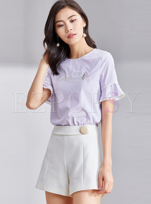 Purple Embroidery Striped Flare Sleeve T-shirt