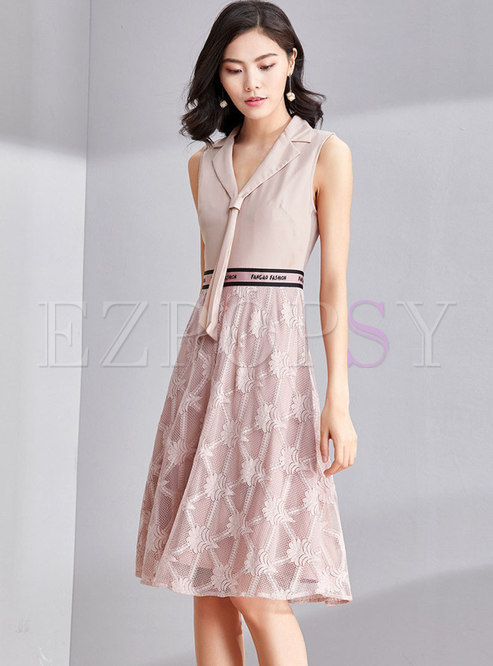 Pink Sweet Tied V-neck Lace Stitching Dress