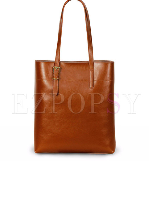 Solid Color Leather Open-top Bucket Bag