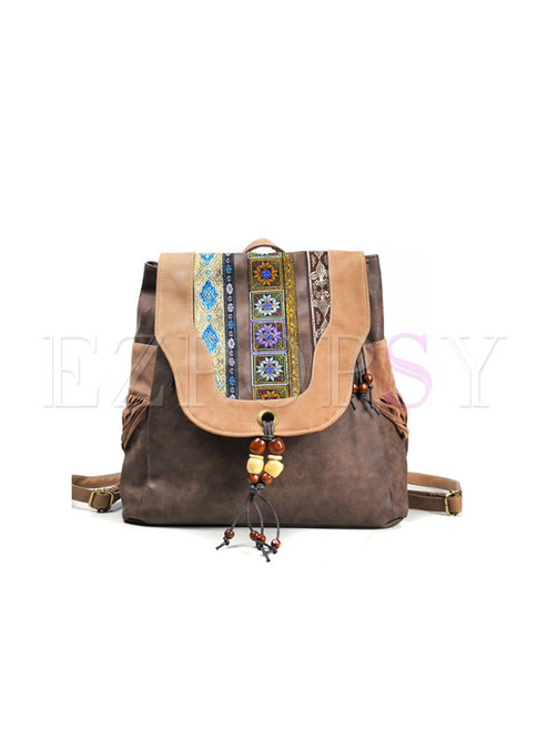 Ethnic PU Color-blocked Embroidered Hanging Beads Backpack