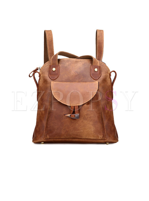 Vintage Brown Cowhide Backpack With Zipper Pocket
