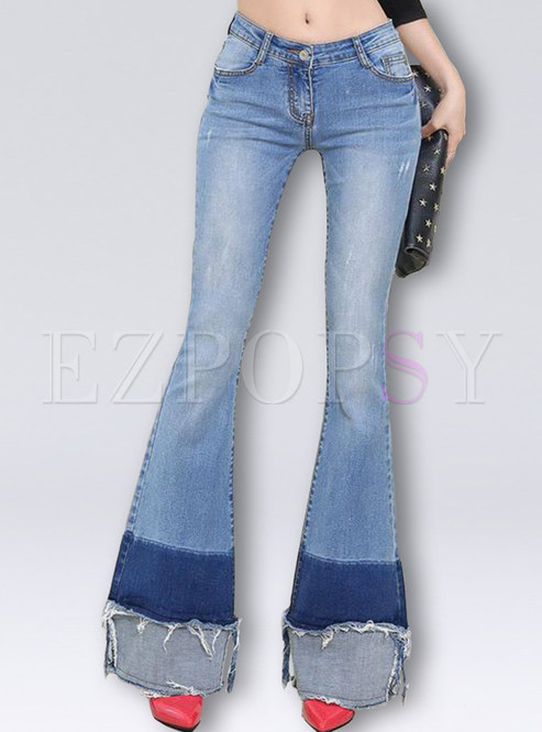 Chic Color-matched Patched Edging Flare Jeans