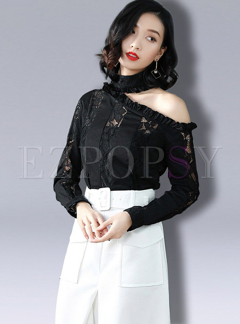 Black Lace One Shoulder Stand Collar Top