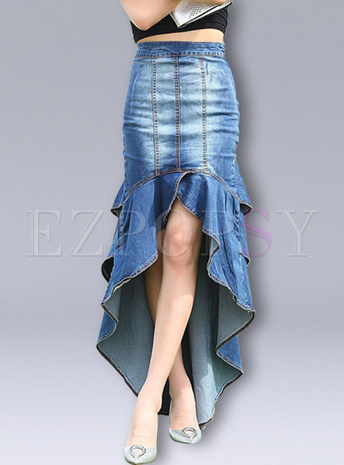 Fashion Irregular Flouncing Bodycon Denim Skirt