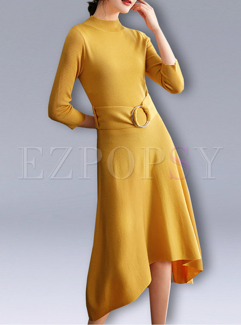 Standing Collar Wool Irregular Knitted Dress With Belt
