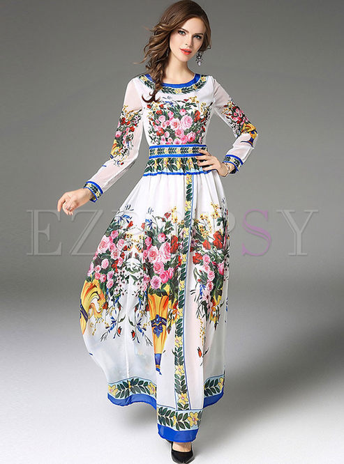 Dresses | Maxi Dresses | Ethnic Long Sleeve Print Big Hem Maxi Dress