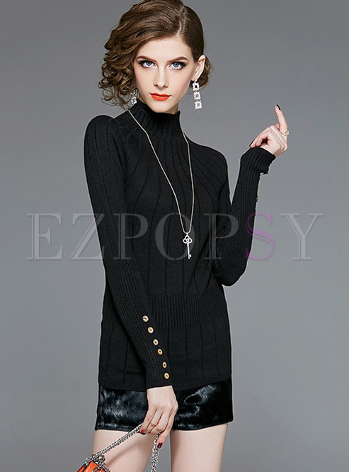 Brief Solid Color Long Sleeve Knitted Sweater 