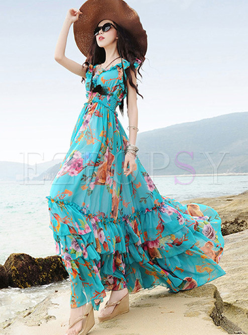 Dresses | Maxi Dresses | V-neck Sleeveless Print Big Hem Maxi Dress