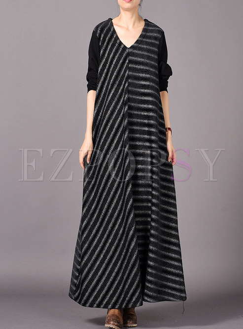 Brief Striped Splicing V-neck Maxi Dress