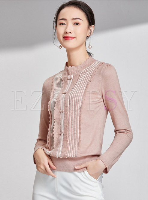 Stylish Color-blocked Stand Collar Bowknot Slim Sweater