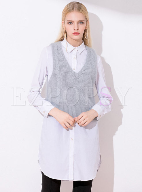 Pure Color V-neck Hollow Out Side-slit Knitted Vest