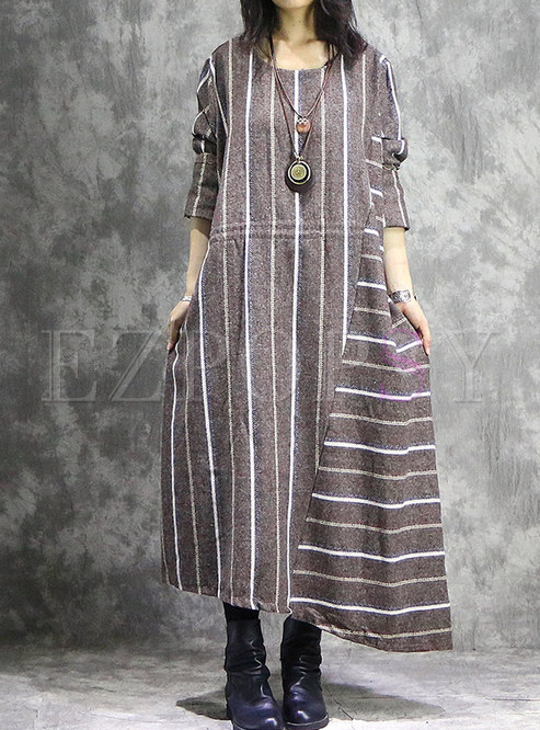 Vintage Striped Splicing O-neck Asymmetric Hem Maxi Dress