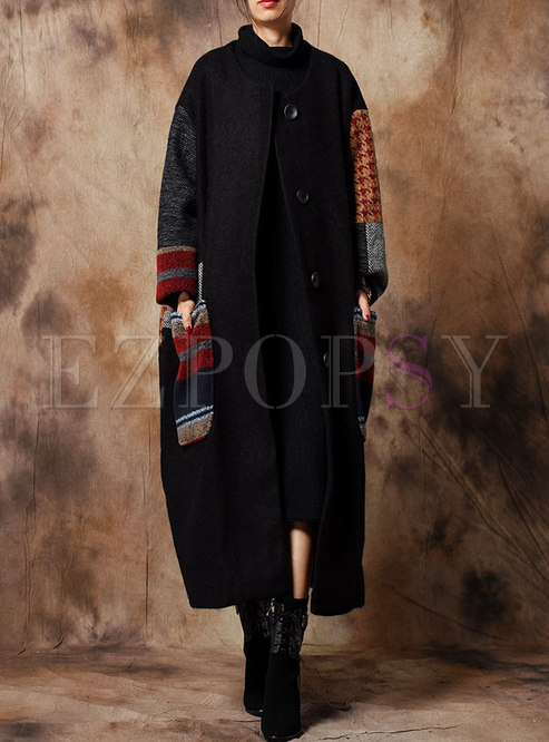 Plus Size Splicing O-neck Single-breasted Woolen Coat