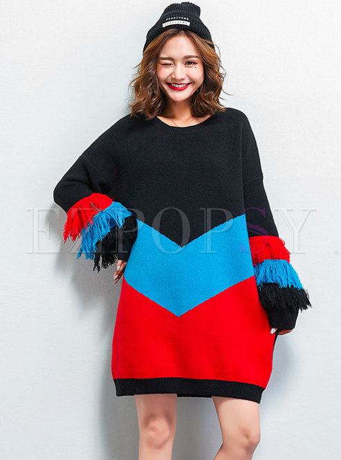 Chic Color-blocked Tassel Patch Loose Knitted Dress